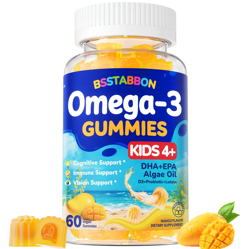 Vegan Omega 3 Gummies for Kids 4+: Natural Omega-3 Fatty Acid Supplement DHA EPA with Vitamin D3 B12 Probiotic Lutein Zinc for Overall Health - No Fish Taste Multivitamin for Kids(60Count) Mango 60 Count (Pack of 1)