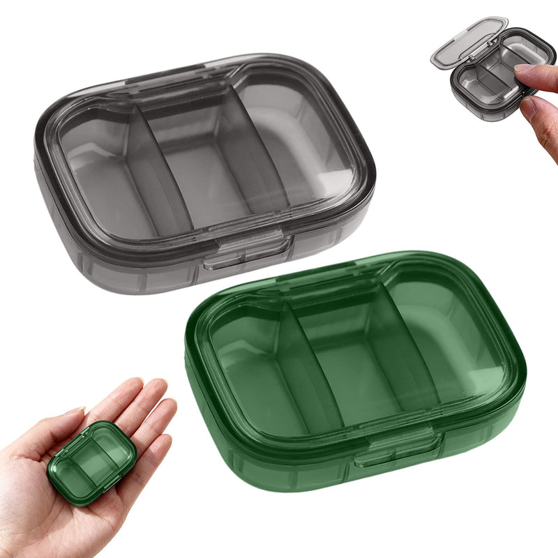 2 Pack, 3 Compartment Pill Box,Travel Pill Organizer for Pocket Purse, Daily Portable Vitamin Box, Fish Oil Box(Green + Black) Green + Black