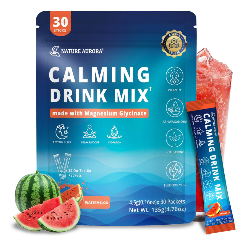 Cortisol Calming Drink Mix for Sleep & Stress Relief, Watermelon, 30ct | Calm Magnesium Powder, Adaptogenic Powdered Drink Mix with Magnesium Glycinate, L-Theanine, Ashwagandha, Mushroom & Vitamin