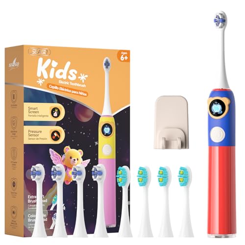 SEAGO Kids Electric Toothbrush, Pressure Sensor, Rechargeable, 8 Heads Red