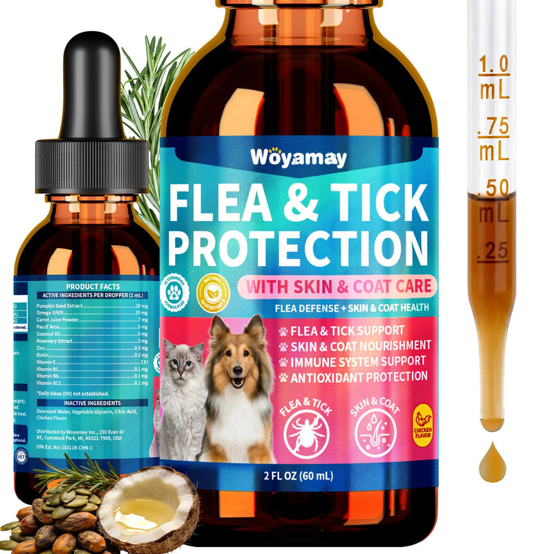 Woyamay Flea Defense + Skin & Coat Support, Natural Flea and Tick Prevention for Dogs & Cats, Dog & Cat Flea Treatment with Pumpkin Seed & Omega-3/6/9, Flea Drops for All Breeds & Ages, Chicken Flavor