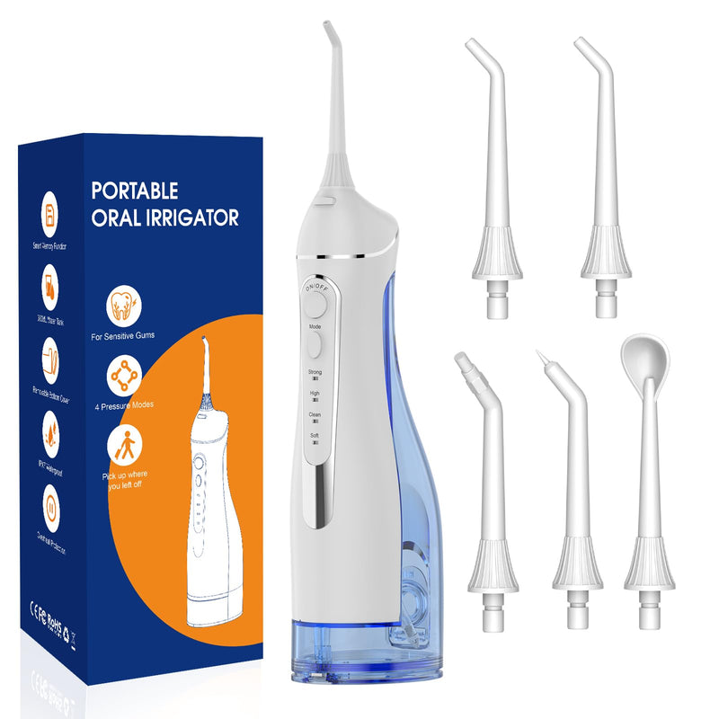 Water flossers for Teeth Pick, Portable Oral Irrigator Dental with 4 Modes 5 Jet Tips, IPX7 Rechargeable Water Tooth Flosser for Braces Sensitive Gum Care，300ml Tank for Home Travel Use White