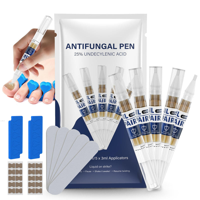 Toenail Fungus Pen – 25% Undecylenic Acid, Toenail Fungus Treatment Extra Strength, Nail Fungus Treatment Pen for Toenail & Finger, 5 x 3ml, Complete Care Kit with Nail Tools