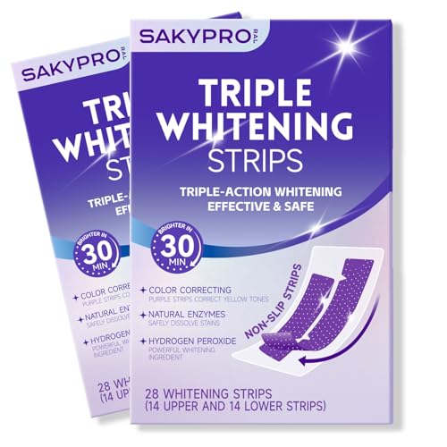SAKYPRORAL Triple Whitening Strips, Long-Lasting Results, Enamel Safe & Low-Sensitivity, Purple Tooth whitening, Peppermint, 56 Count 56 Count (Pack of 1)