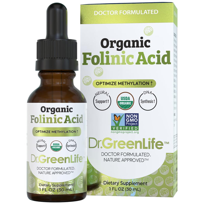 Dr. Green Mom Folinic Acid For Kids & Adults — High Dose — MTHFR-Friendly Folic Acid Alternative — Organic Liquid Drops — 500 mcg/Drop — Vitamin B9 for Methylation, Neurological & DNA Support, 1 fl oz