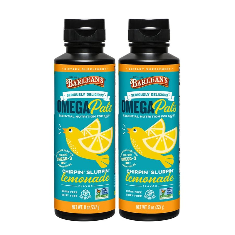 Barlean's Lemonade Omega Pals Kids Omega-3 Fish Oil Liquid, 8oz, 2-Pack | Wild-caught kids fish oil, 540mg EPA DHA omega-3, Kid-friendly flavor, Non-GMO, Gluten-free, Liquid, Brain & eye Chirpin' Slurpin' Lemonade 8 Fl Oz (Pack of 2)
