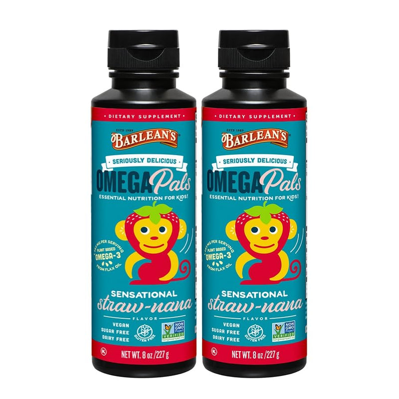 Barlean's Straw-Nana Omega Pals Kids Omega-3, 1483mg ALA, 8oz, 2-Pack | Plant-based kids omega-3, 1,483mg ALA, Fish-free, Non-GMO, Gluten-free, Vegan, Kid-friendly liquid, Brain & eye Sensational Straw-Nana 8 Fl Oz (Pack of 2)