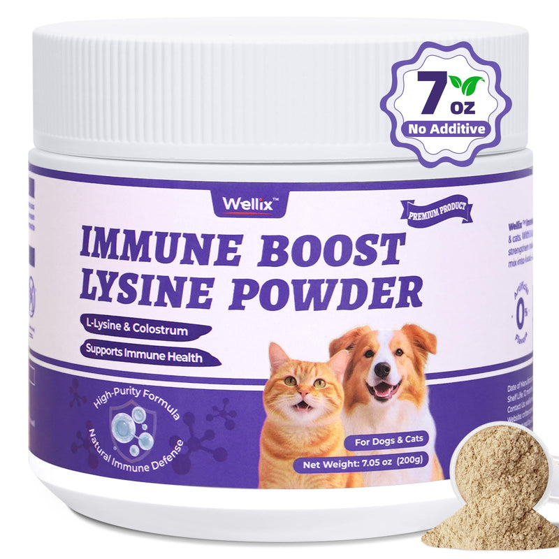Wellix 7.05oz Lysine Powder for Cats & Dogs with Colostrum & Taurine for Dogs & Cats - Immune Support Supplement with Quercetin & Multivitamin for Respiratory Health, Coughing Treatment
