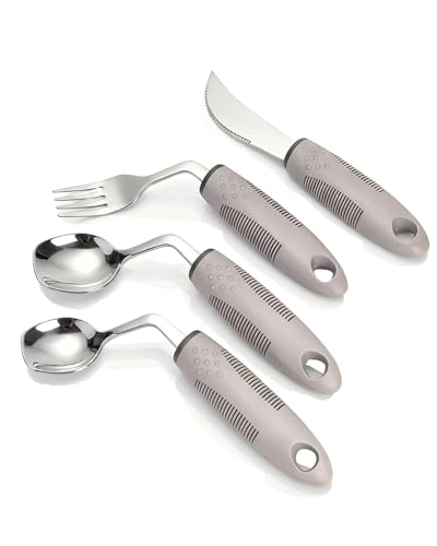 4-Piece Adaptive Utensils Set with Rocker Knife & Shovel Spoon - 42° Angled Parkinsons Utensils, 2.5 oz Weighted Silverware for Hand Tremors and Arthritis, Adaptive Eating Utensils (Grey Right-handed) Light (Weighted) – 2.5 Ounce