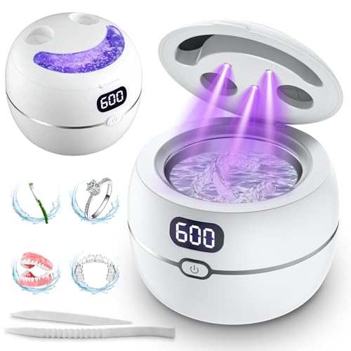 Ultrasonic Retainer Cleaner Machine for Dentures, Mouth Guards, Braces, Toothbrush Heads, Jewelry, 220ML Capacity Ultrasonic Cleaner with Digital Timer&UV, 2 Modes for All Dental Appliances，White