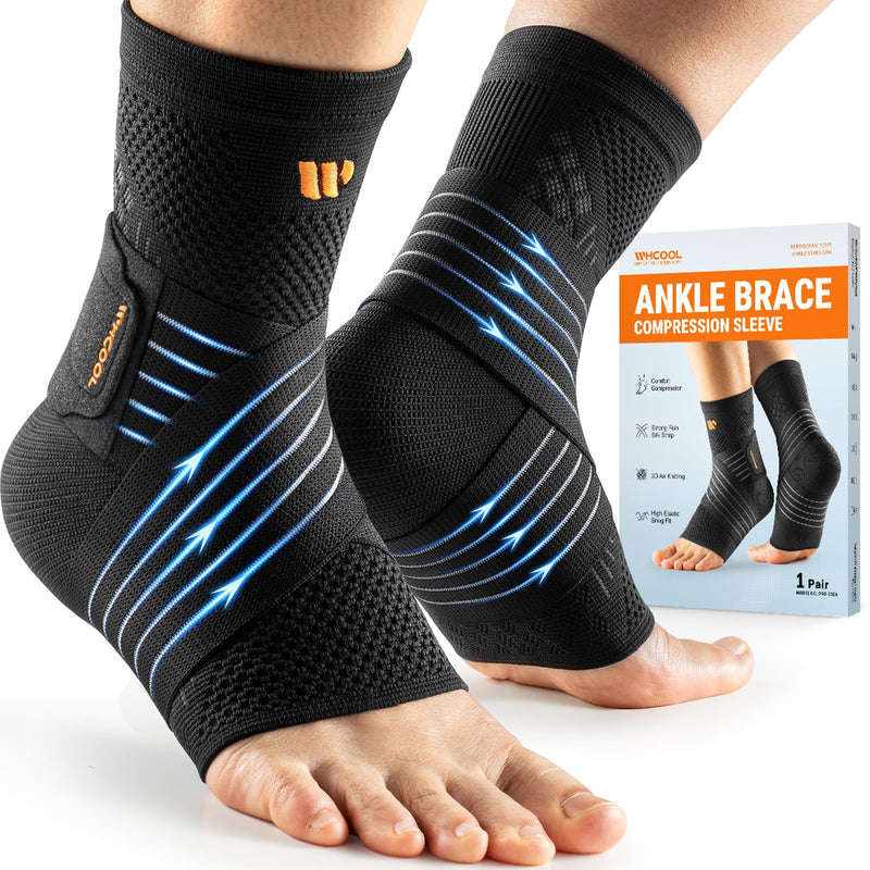 Low-Profile Ankle Braces for Women & Men, Customizable Ankle Compression Sleeve w/Wide Strap, Foot Support Wrap for Plantar Fasciitis Pain Relief, Achilles Tendonitis, Sprain, Black, 1 Pair, L Black/Orange Large - BeesActive Australia