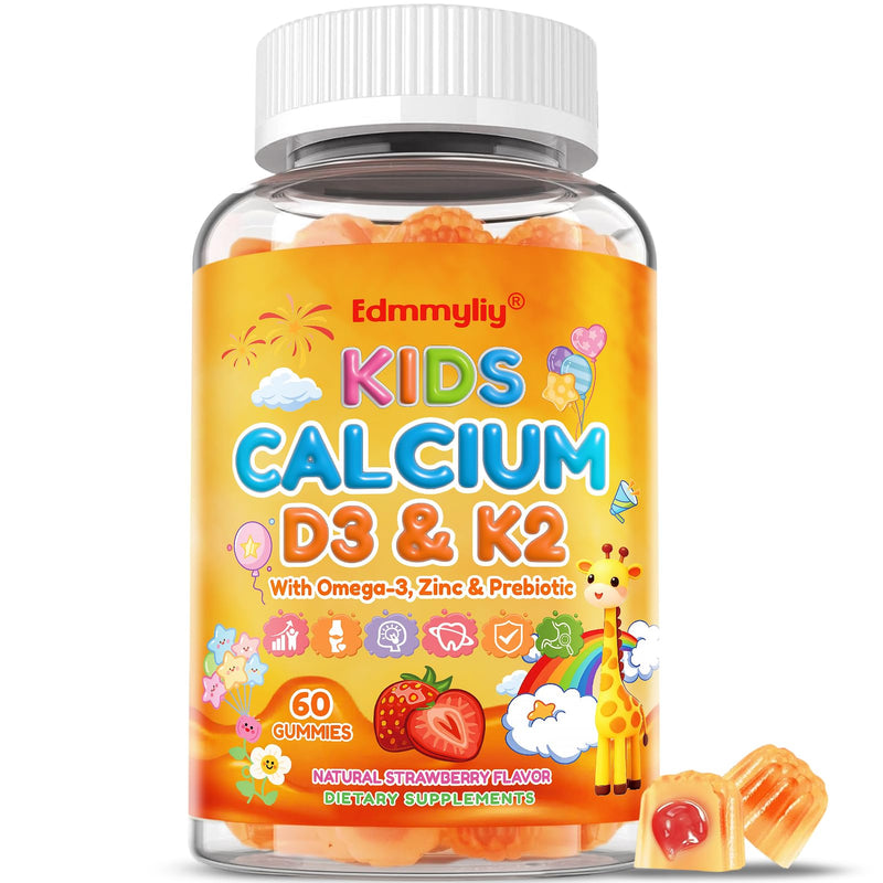 Kids Calcium Gummies with Vitamin D3 K2 - Calcium Citrate 800mg | with Magnesium, Zinc, Vitamin C, Omega-3, and Prebiotics for Kids - Sugar Free Gummies, Non-GMO, Vegan, 60 Ct Strawberry 60 Count (Pack of 1)