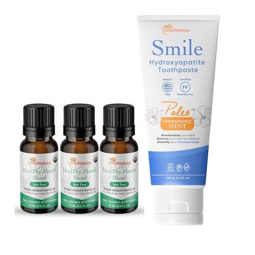 OraWellness Nut Free Healthy Mouth Blend Tooth Oil 3 Pack + Smile Cinnamony Mint Toothpaste, American Made Flouride Free Hydroxyapatite Toothpaste with Remineralizing Xylitol & Non Nano Hydroxyapatite