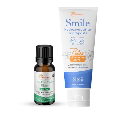 OraWellness Nut Free Healthy Mouth Blend Tooth Oil + Smile Cinnamony Mint Toothpaste, American Made Flouride Free Hydroxyapatite Toothpaste with Remineralizing Xylitol & Non Nano Hydroxyapatite