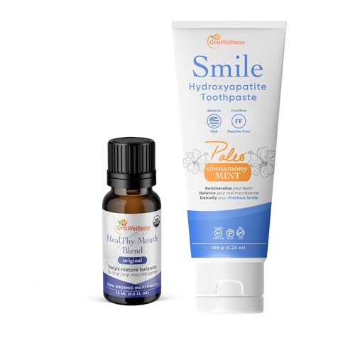OraWellness Healthy Mouth Blend Tooth Oil + Smile Cinnamony Mint Toothpaste, American Made Flouride Free Hydroxyapatite Toothpaste with Remineralizing Xylitol & Non Nano Hydroxyapatite