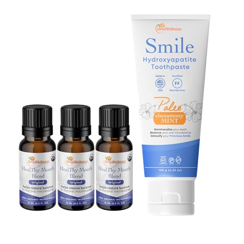 OraWellness Healthy Mouth Blend Tooth Oil 3 Pack + Smile Cinnamony Mint Toothpaste, American Made Flouride Free Hydroxyapatite Toothpaste with Remineralizing Xylitol & Non Nano Hydroxyapatite