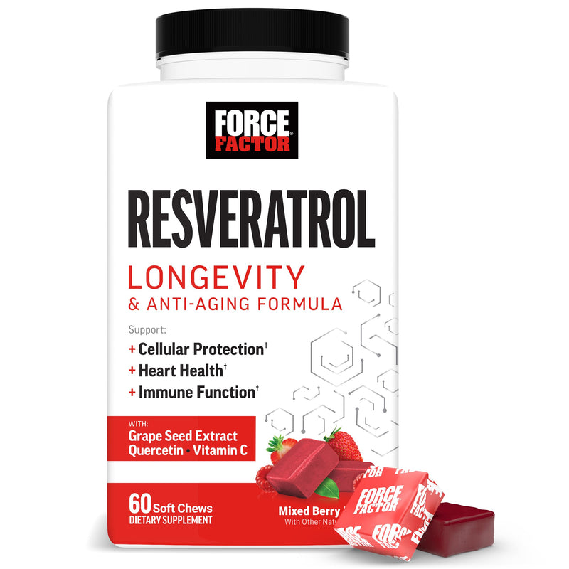 Force Factor Resveratrol Longevity & Anti-Aging Formula | Trans-Resveratrol with Grape Seed, Quercetin & Vitamin C, Anti-Aging Supplement, Mixed Berry, 60 Soft Chews