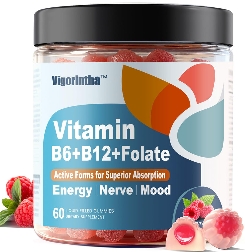 Methylated Vitamin B6, B12 & Folate Gummies, Vitamin B6 Supplement with Methylated B12& L-Methylfolate for Energy, Brain & Nerve, Sugar Free, Vegan, 60 Gummies.