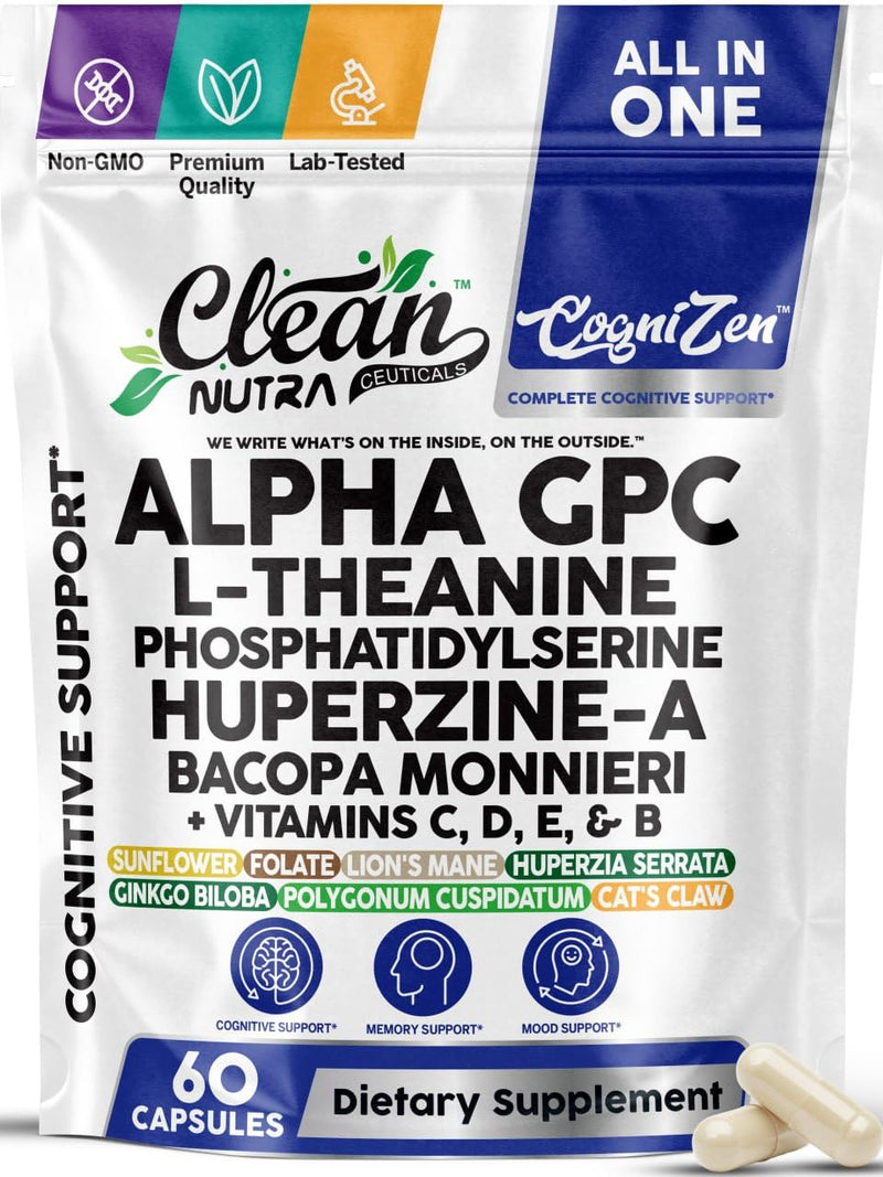 Alpha GPC 600mg Supplement | L Theanine Nootropic Brain Supplement with Bacopa Monnieri Lions Mane Resveratrol Ginkgo Biloba Huperzine A – Focus Memory Cognitive Support – 60 Vegetarian Capsules