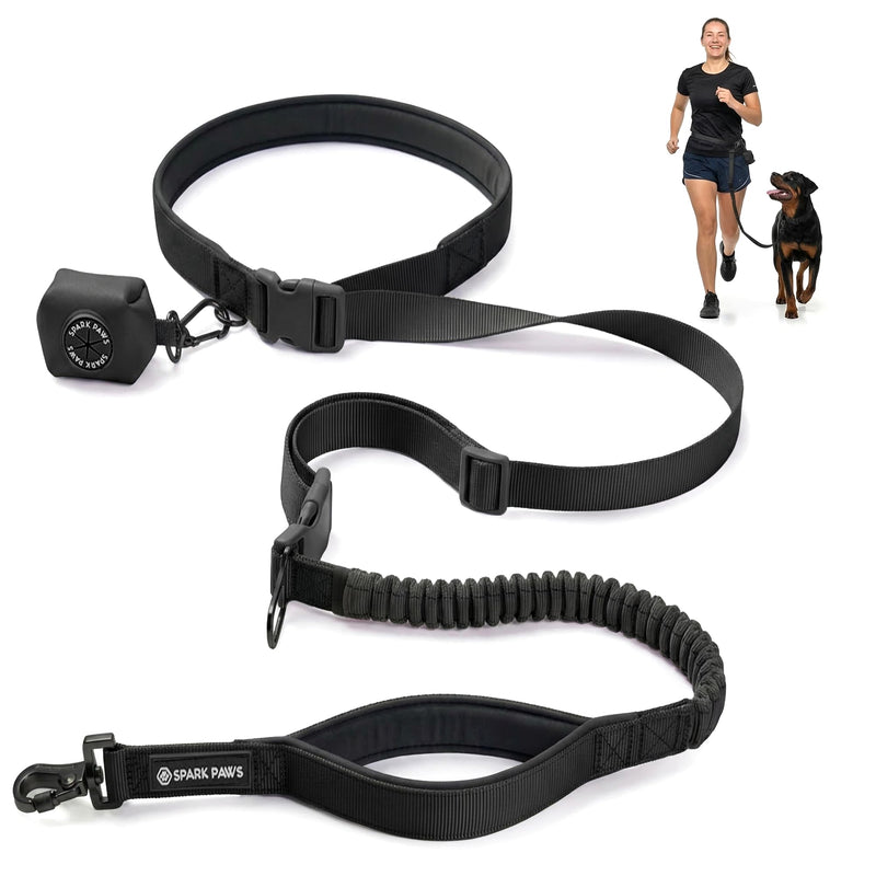 Spark Paws Handsfree Dog Leash – Shock Absorbing Waist Bungee Lead for Running, Car Seatbelt Clip & Poop Bag Set, Heavy Duty Tactical Lead for Medium, Large & X-Large Breeds - Black - BeesActive Australia