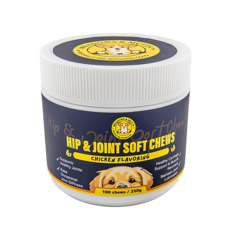 Meadows & Mutts Hip and Joint Supplement for Dogs - Glucosamine Chews for Dogs with Chondroitin, MSM & Green Lipped Mussel - Joint Support & Mobility, Chicken Flavor Soft Chews - 100 Ct