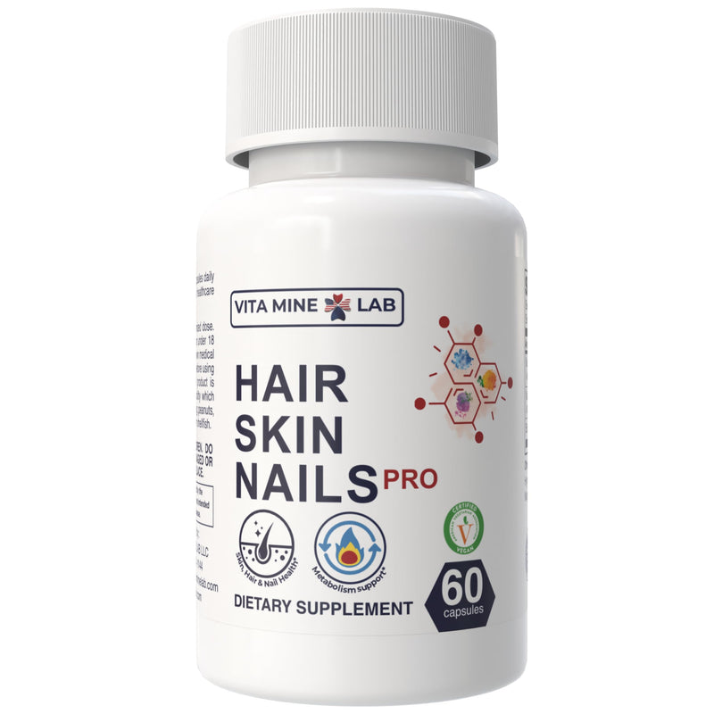 Hair, Skin & Nails Pro - Biotin + Vitamin C + Vitamin E | Supports Healthy Hair Growth, Glowing Skin & Strong Nails | Halal, Gluten-Free, Certified Vegan, Made in USA, 60 Vegan Capsules