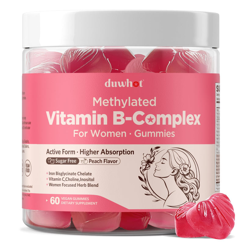 duwhot Methylated B Complex Gummies for Women & Teen Girls, with Iron 18mg | l Methylfolate and B12, Plus Organic Herbs for Stress Relief, Energy Support,Vegan,Non-GMO,Peach Flavor,60 Chewables