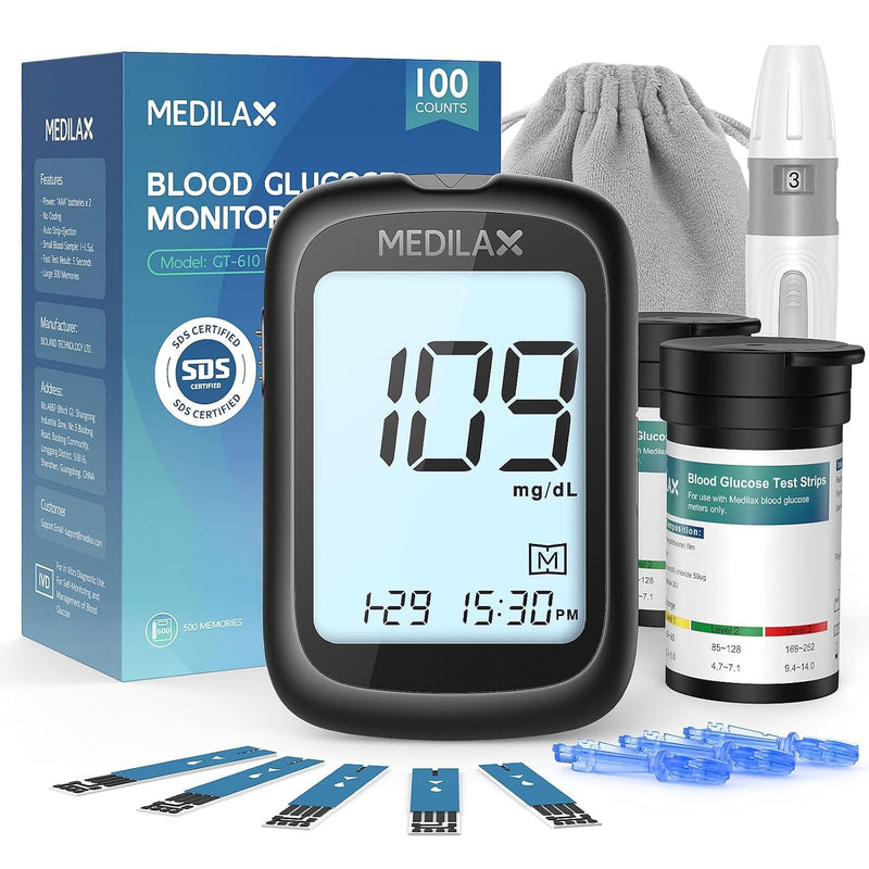 Medilax Blood Glucose Monitor Kit, Blood Sugar Testing Kit with 100 Strips Black