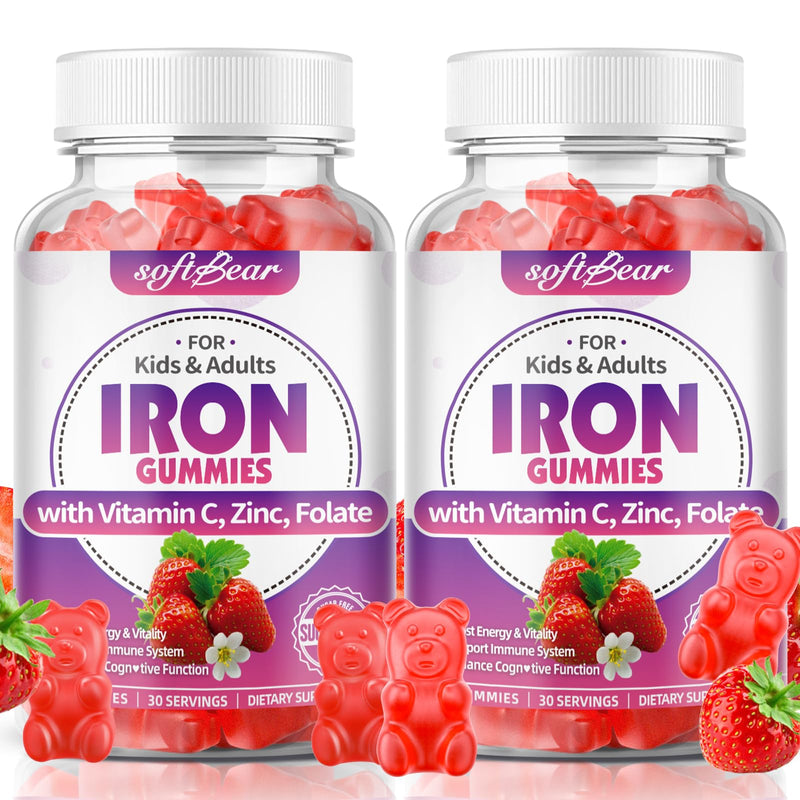 softbear Iron Gummies for Women & Men & Kids, Chewable Iron Supplements with Vitamin C,B3,B5,B6,B12 Supports Immune System, Energy & Vitality, Sugar-Free/Vegan, Strawberry Flavor 120 Count 60 Count (Pack of 2)