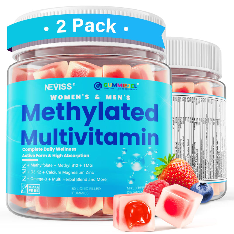 Methylated Multivitamin for Women & Men Gummies w/ Omega-3, Calcium, D3 K2, Methylfolate & B12, TMG, Daily Vitamin A, C, E, B Complex, Magnesium, CoQ10, Probiotic for Overall Health- Vegan, 2 Pack 60 Count (Pack of 2)