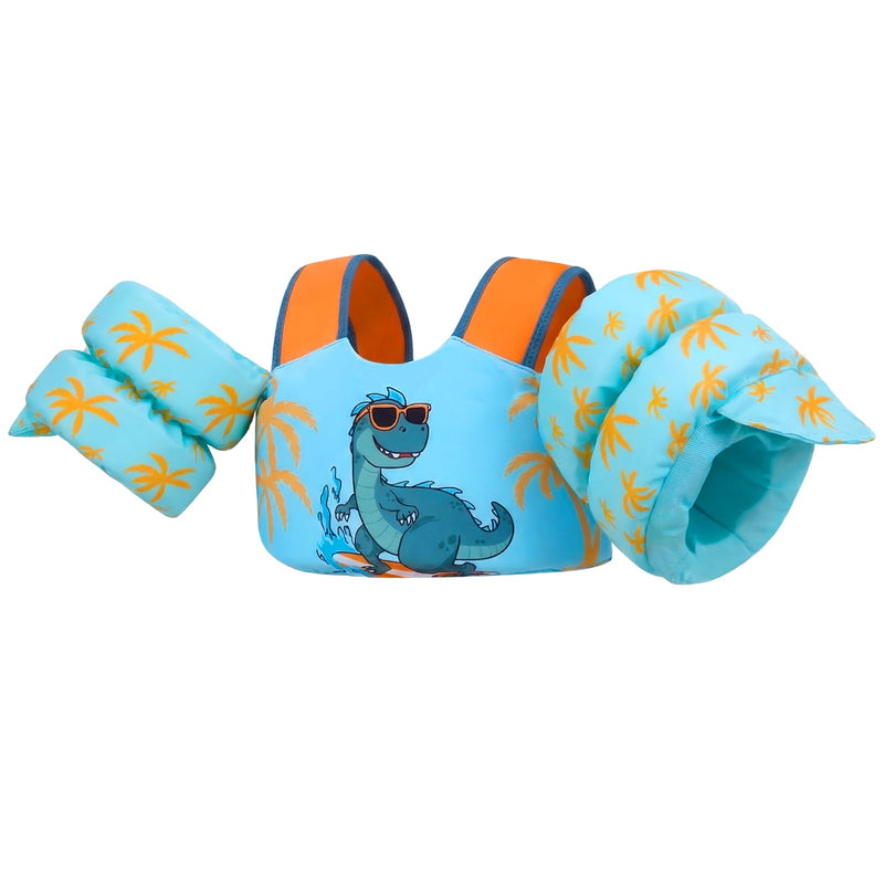 Gogokids 2-in-1 Toddler Swim Vest Pool Floaties for Kids[CPC Certified & Remove Crotch Strap]Puddle Float Jumper 24-66 Pounds, Toddler Arm Floaties Swim Jacket Water Wings for kids Boys Girls Swimmies G-Light Blue Dinosaur