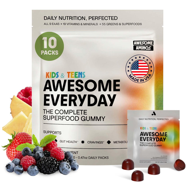 Awesome Everyday - Essential Daily Nutrition Gummies - Kids - 10 Count | Contains 9 Essential Amino Acids, Features 19+ Vitamins and Minerals, Has 55+ Fermented Superfoods and Greens Blend Kids & Teens 10 Count (Pack of 1)