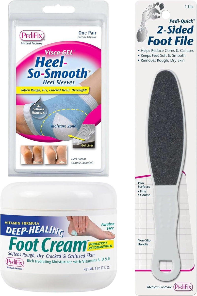 PediFix Dry Heel Care Kit – 1 Pair Reusable Visco-Gel Heel Sleeves, 4 oz Cosmetic Foot Cream, Dual-Sided Manual Foot File - BeesActive Australia