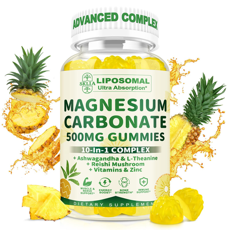 Liposomal Magnesium Carbonate Gummies 500 mg, Muscle & Nerve Support, 60cts | with Ashwagandha, L-Theanine, Calcium & Vitamin D3, Sugar-Free Vegan Pineapple Flavor, 1P 60 Count (Pack of 1)