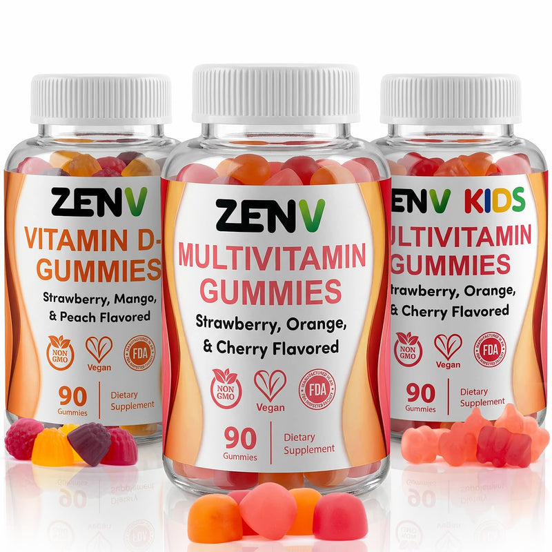 ZENV Family Wellness & Immune Support Bundle: Adult Multivitamin & Kids Multivitamin Gummies, Vitamin D3 Gummies | 90-Day Supply for All Ages