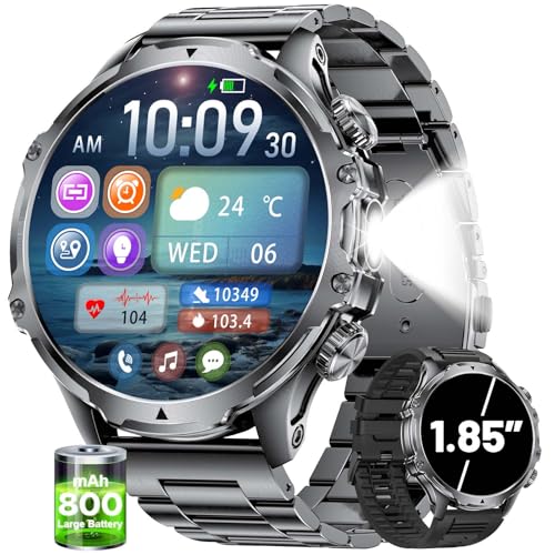 Militrary Smart Watch for Men,1.85" HD/800mAh Battery Smart watches for Android/iOS (Bluetooth Call Answer/Calls)Fitness Tracker,100+ Sports/LED Flashlight/IP68 Waterproof/Sleep Tracker Smartwatch Black
