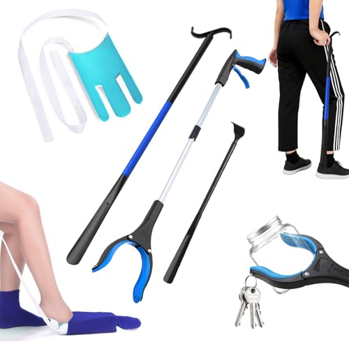 MXCOIRTP Assistive Device No Bending Kit for Elderly -Sock Aids, Foldable Reacher Grabber with 360° Rotating Jaw & Magnet, Long Shoe Horn Handle & Dressing Stick & Back Scratcher for Seniors, Disabled Black & Blue