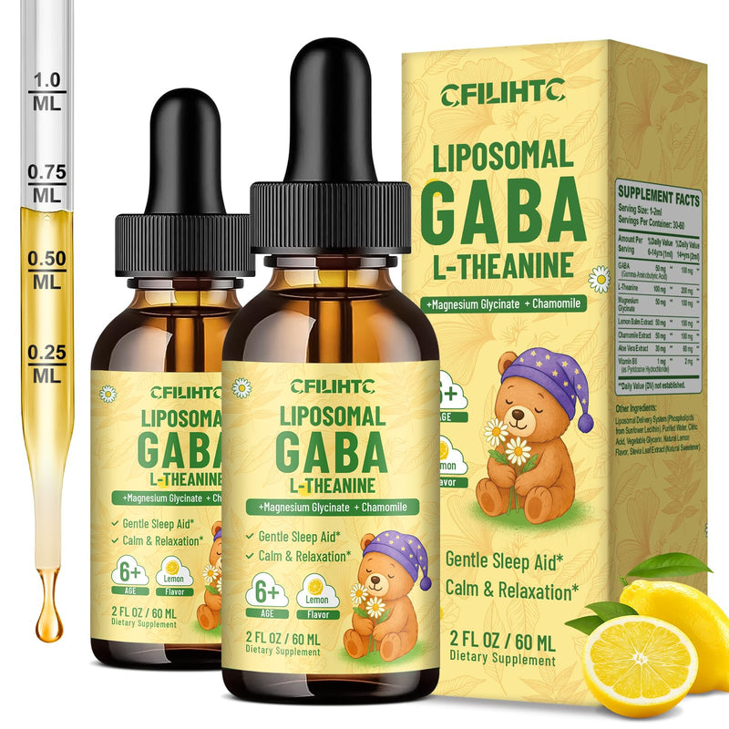 2 Pack Liposomal GABA L-Theanine Drops for Kids - Liquid GABA Supplement with Magnesium, Chamomile, Lemon Balm & Vitamin B6 - Support Relaxation, Focus & Stress Relief for Kids & Adults - Lemon 2 Fl Oz (Pack of 2)