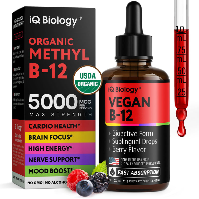 Organic Vitamin B12 Liquid Drops - Sublingual Methylcobalamin 5000 mcg, 2oz | Methylated B-12 Active Coenzyme Form - Energy & Nerve System Support - Berry Flavor - 60 servings 2 Fl Oz (Pack of 1)