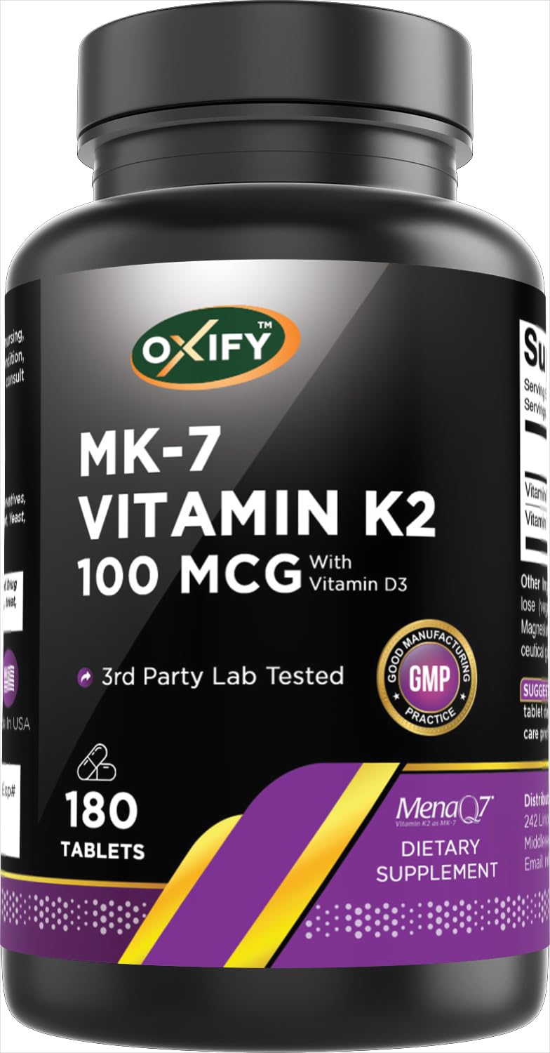 Oxify MK-7 Vitamin K2 100 mcg with D3, 180 Tablets | Gluten-Free, Non-GMO, Made in USA