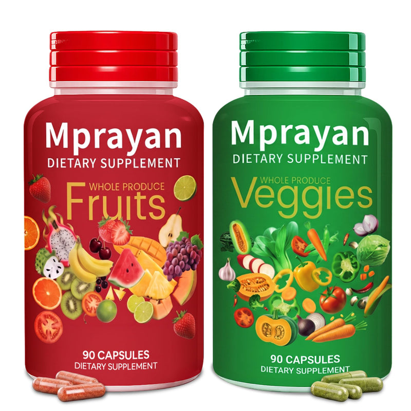 Fruits & Veggies Capsules – Whole Food Fruit & Vegetable Supplement – 90 Fruit + 90 Veggie Capsules (2 Bottle System) – Vegan, Non-GMO – No Powders or Mixing – Daily Nutrition for Men & Women