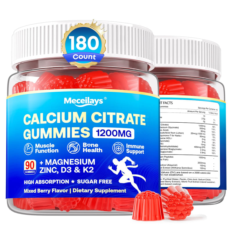 180 Count Calcium Citrate Gummies 1200 mg with Vitamin D3, K2, Magnesium & Zinc, High Absorption Calcium Supplements for Women & Men for B0ne, Muscle & Immune Support, Sugar Free, Mixed Berry Flavor 90 Count (Pack of 2)