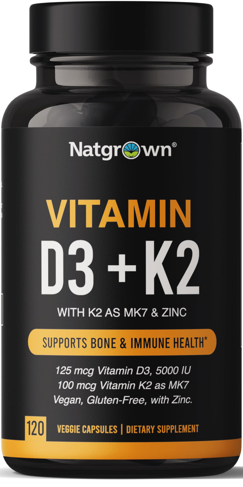 Natgrown Vitamin D3 K2 with Zinc - D3 5000 IU & K2 MK7 100 mcg - 120 Ct | Plant Based Supplement for Bone and Immune Support, Vegan, Gluten-Free