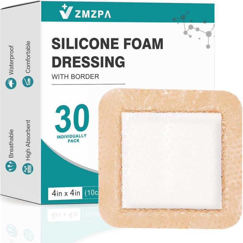 30 Pcs Silicone Foam Dressing 4x4 Gentle Border, Waterproof Silicone Bandages for Wounds Care, Bed Sore Patches, Super Absorbent Wound Dressing, Self Adhesive Pressure Sore Pads 4''x4'' (30 Packs) - BeesActive Australia