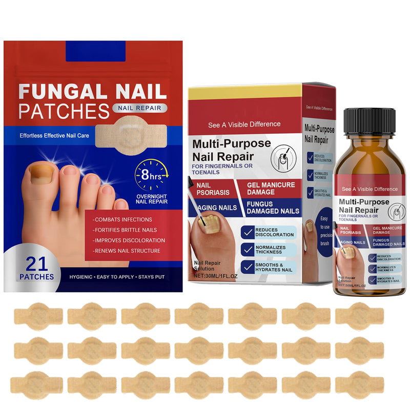 Toenail Fungus Patches 21 Pcs + Liquid Solution 1 Fl Oz 8-Hour Overnight Repair safely and gently Treatment Toenail,Fast Acting Hydrogel Nail Care-Strengthens & Improves Discoloration and Thickness
