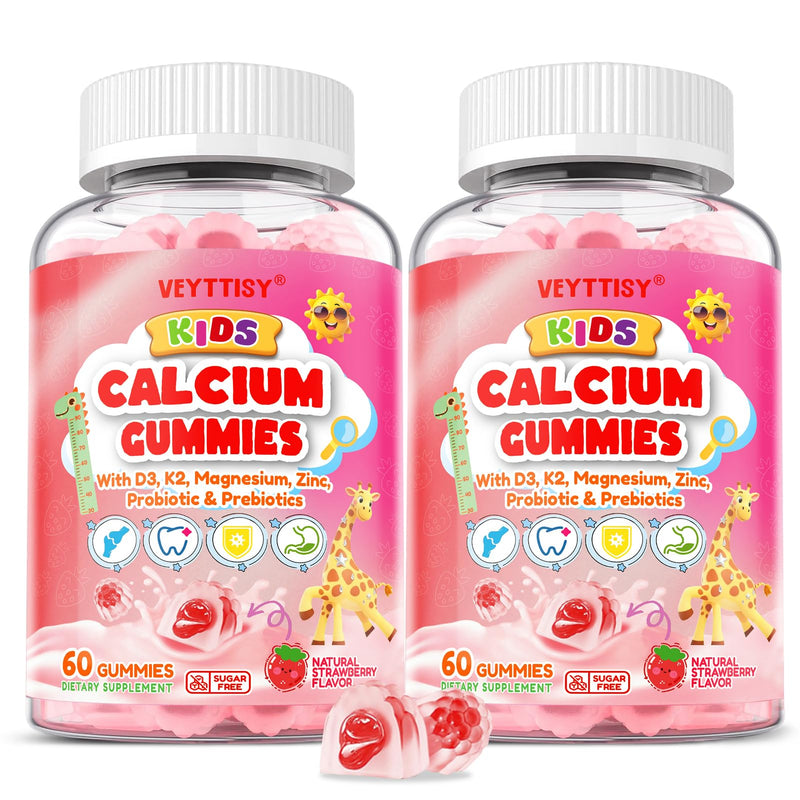 Kids Calcium Gummies with D3 & Magnesium for 4+: Sugar Free Calcium Citrate with Vitamin D3, K2, Zinc, Probiotics & Prebiotics for Kids - Gluten Free, Non-GMO,Vegan, Natural Strawberry Flavor 60 Count (Pack of 2)