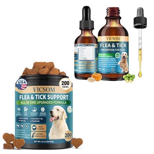 Natural Flea and Tick Prevention Chewables for Dogs & Natural Flea and Tick Prevention Drops for Dogs - 200 Chews & 60ml, Skin & Coat Support, and Flea Protection
