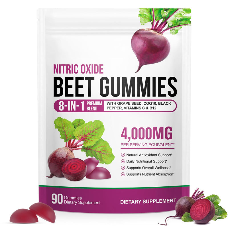 90 Chews Beet Root Gummies, Sugar Free | 8 in 1 Beet Root Extract with CoQ10, Grapeseed Extract 90 Chews for Antioxidant, Promoting Nitric Oxide, Energy Level Suport, with Vitamin B12, C 90 Count (Pack of 1)
