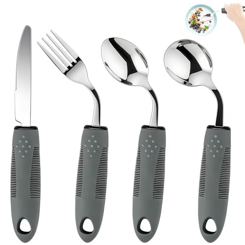 KintKita Adaptive Utensils for Elderly 4 Piece, 2.9 oz Weighted Silverware for Hand Tremors, 45°Angled Parkinsons Utensils for Elderly, Arthritis, Weak Hand Grip, Right-Handed Use