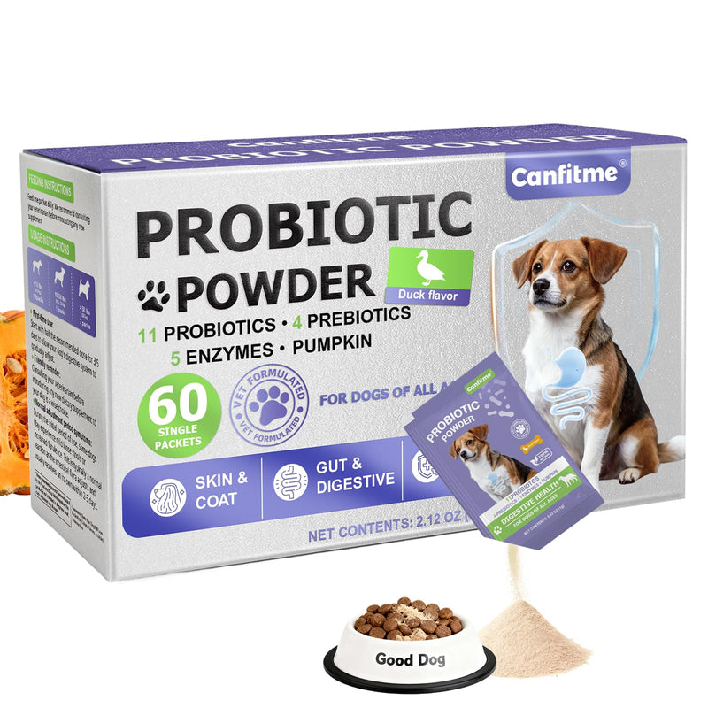 Probiotic Powder for Dogs Travel Set, Dog Probiotics for Digestive Health, Itchy Skin, Immune Health, Gas Relief & Diarrhea for All Ages & Breeds, Duck Flavored Single Serve Packets, 60 Ct
